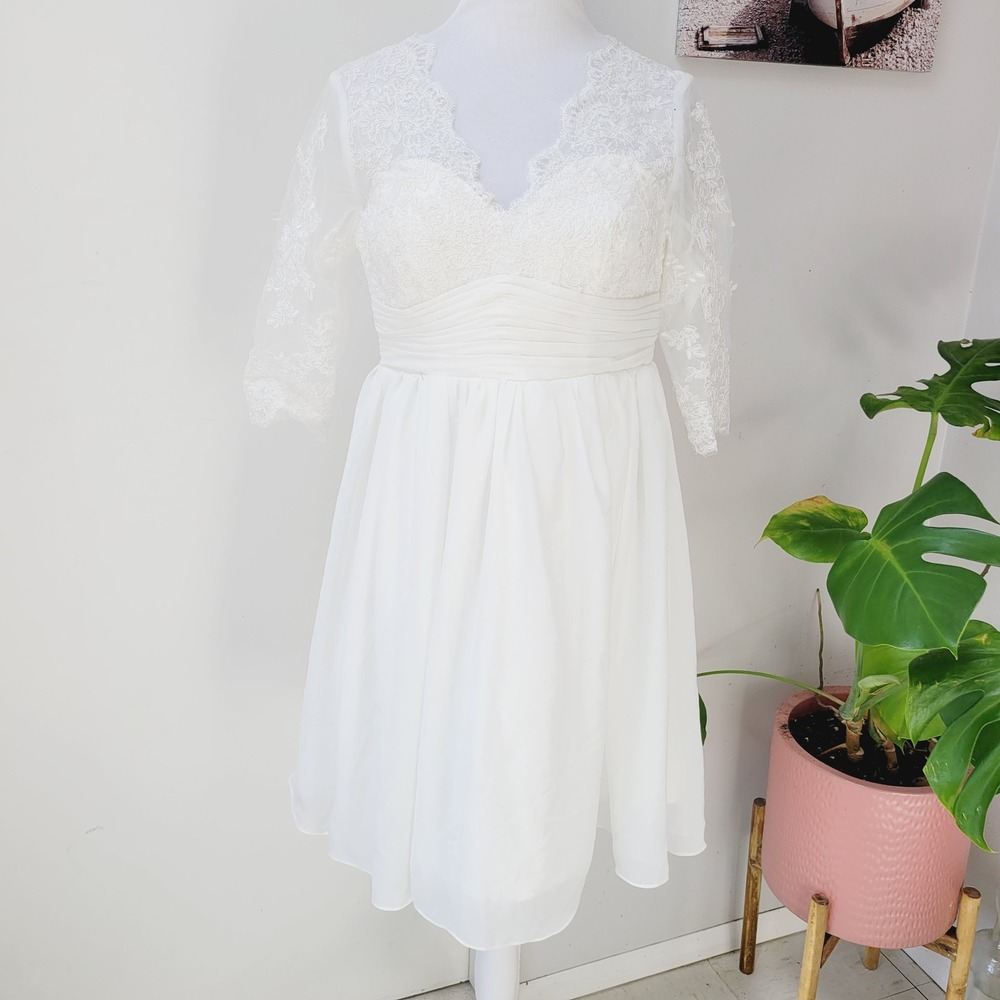 Lace Wedding Dress 10 Bridal Gown Sheer Sleeve V Neck White Short Party‎ W30 L38